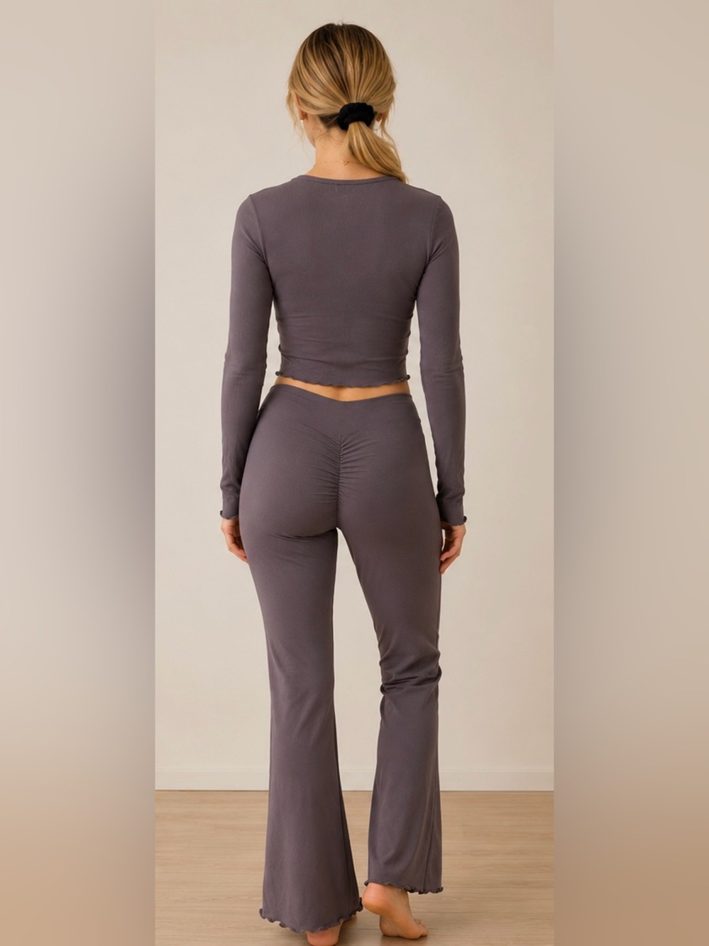 Fashion Nova Long Sleeve Crop Top in Mauve Gray with pants 2 pcs